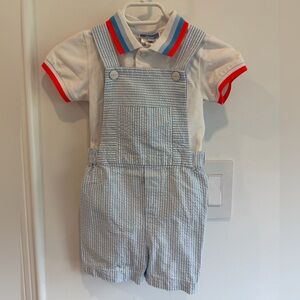 Jacadi Light Blue Seersucker Shortalls with White Polo and Red Trim size 18m
